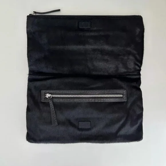 Alexander McQueen Black Leather Calf Hair Foldover Oversized Clutch